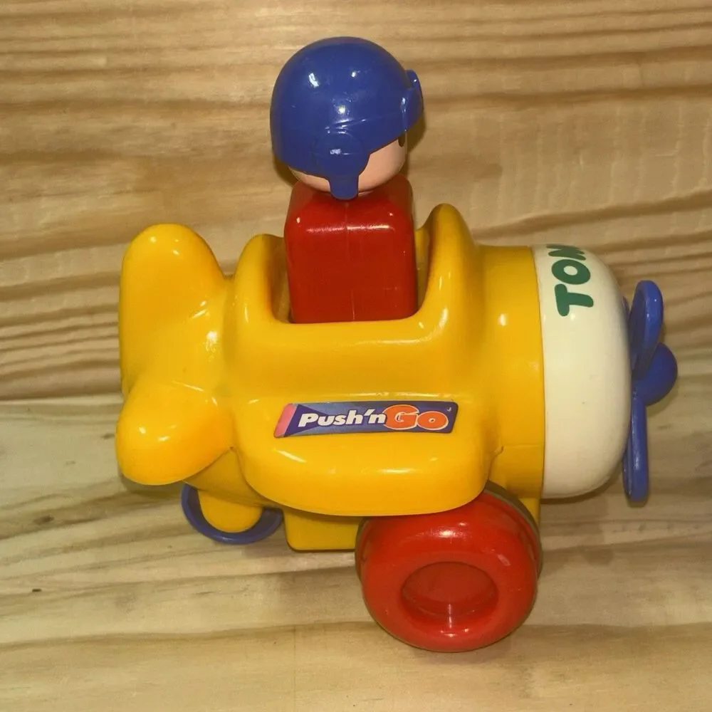 Vintage 1991 Tomy Push N Go Airplane Toy Baby Einstein Moving Pilot Yellow Works